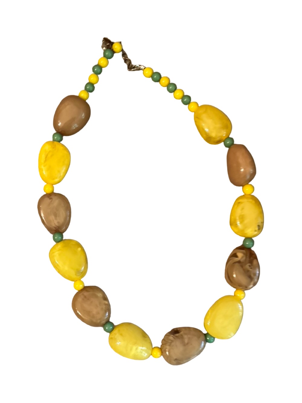 VTG Handcrafted Artsy Earthy Mid Century Yellow & Brown Boho Beaded Necklace